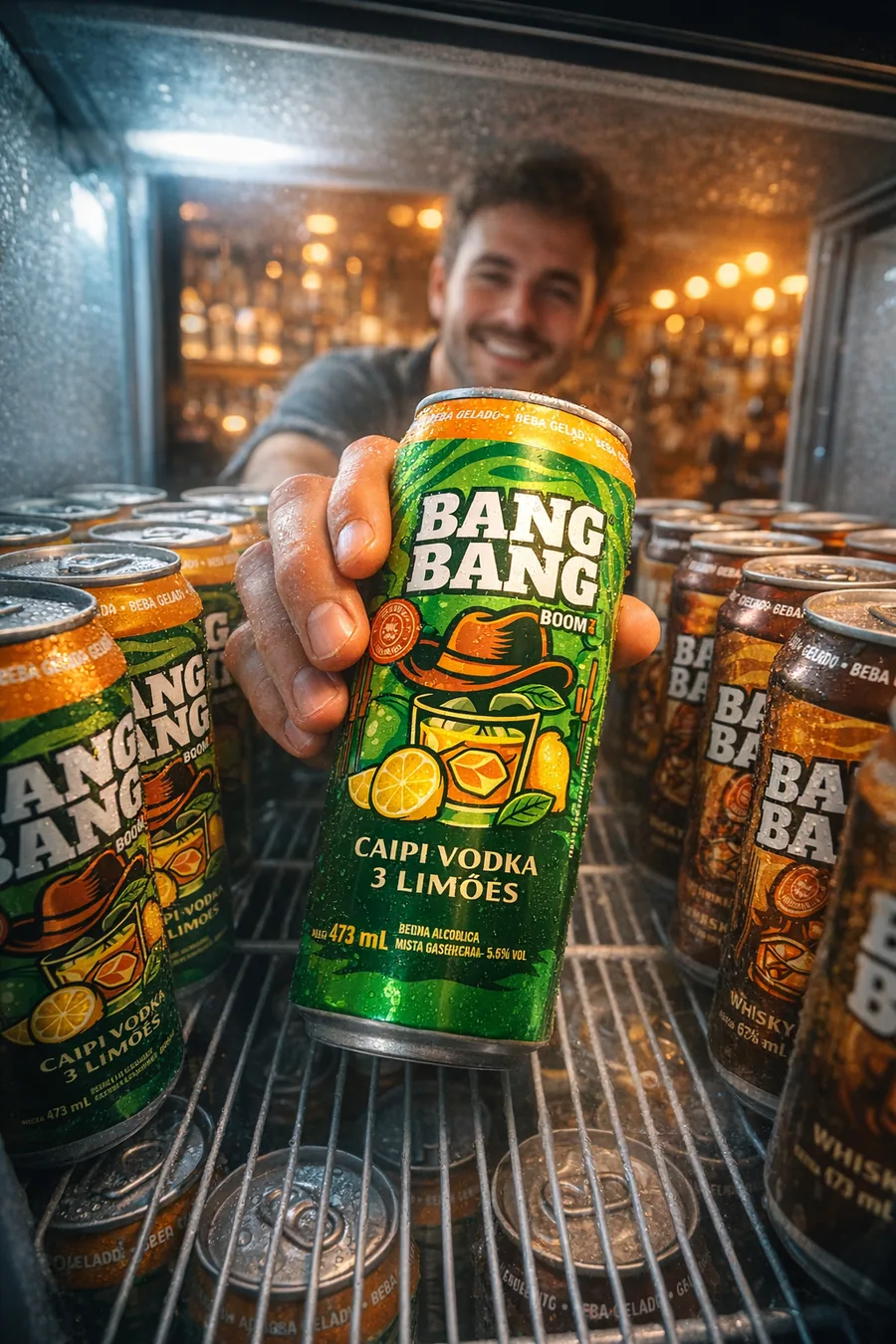 Cliente pegando uma Bang Bang geladinha na geladeira de um bar